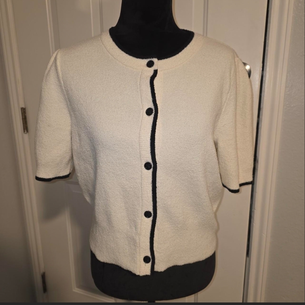 Cream Short Sleeve Cardigan with Black Trim